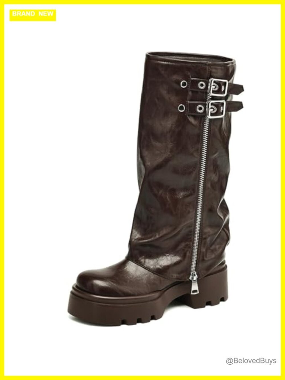 Faux Leather Knee High Riding Boots Fold Over Chunky Platform Heel